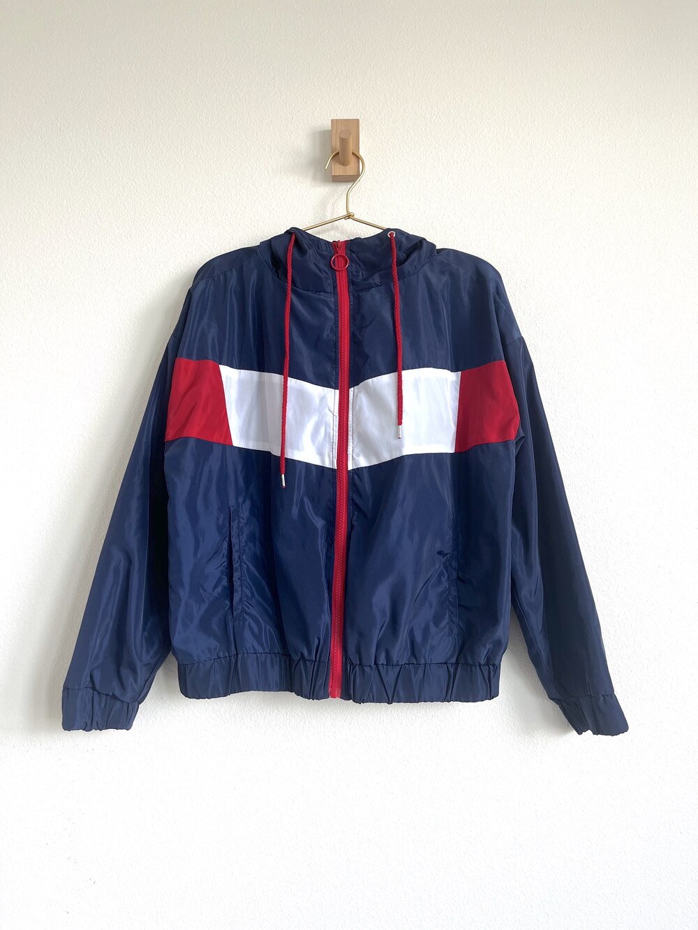 Vintage 90s Colorblock Windbreaker Jacket - Navy, Red & White - Size L
